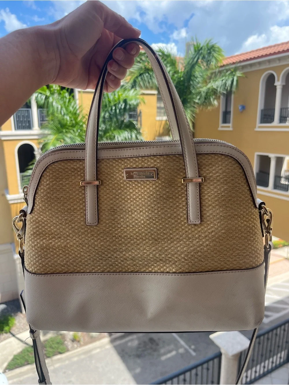kate spade Straw-Textured Beige and Light Tan Satchel Raffia Bohoemian